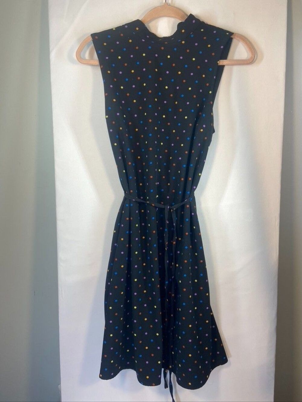 modcloth mredium black sleeveless high neck polka dot above the knee lined dress